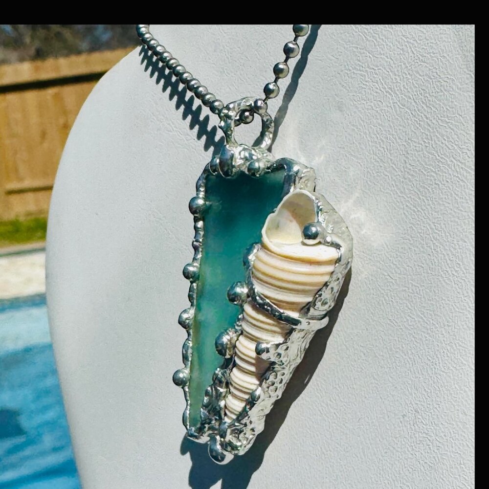 Sea Glass and Conch Pendant Encased with Intricate Artisan Boho Style Metalwork - Picture 6 of 14